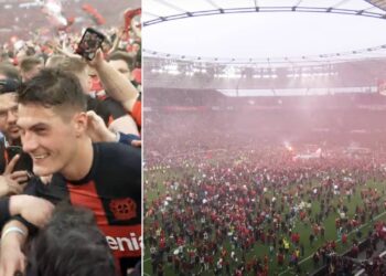 Patrick Schick během mistrovských oslav Leverkusenu